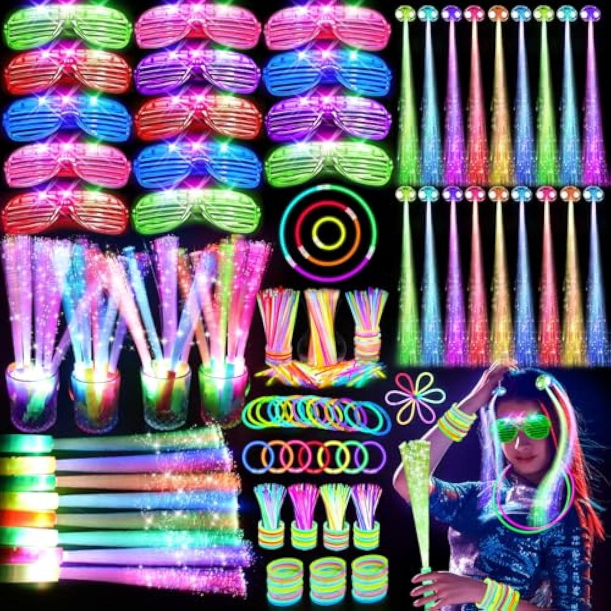 148 Pcs Glow In The Dark Party Supplies, 16 Fiber Optic Wands, 14 Led Glasses, 100 Glow Sticks And 18 Led Hair Clips Fiber Optic For Neon Party, Wedding, Birthday, Concert, New Year