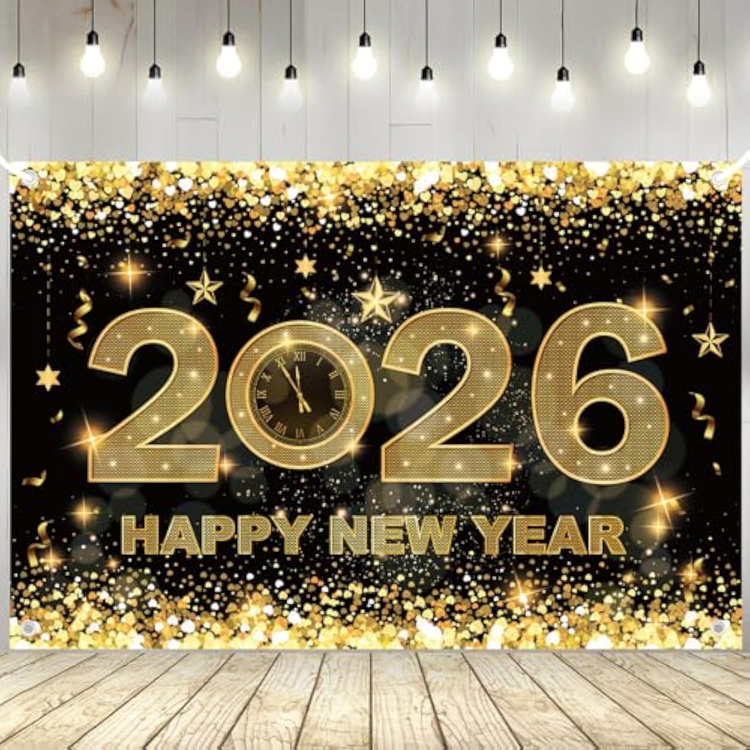 2026 Happy New Year Banner 5×3 Ft Black Gold Backdrop for Party and Photos