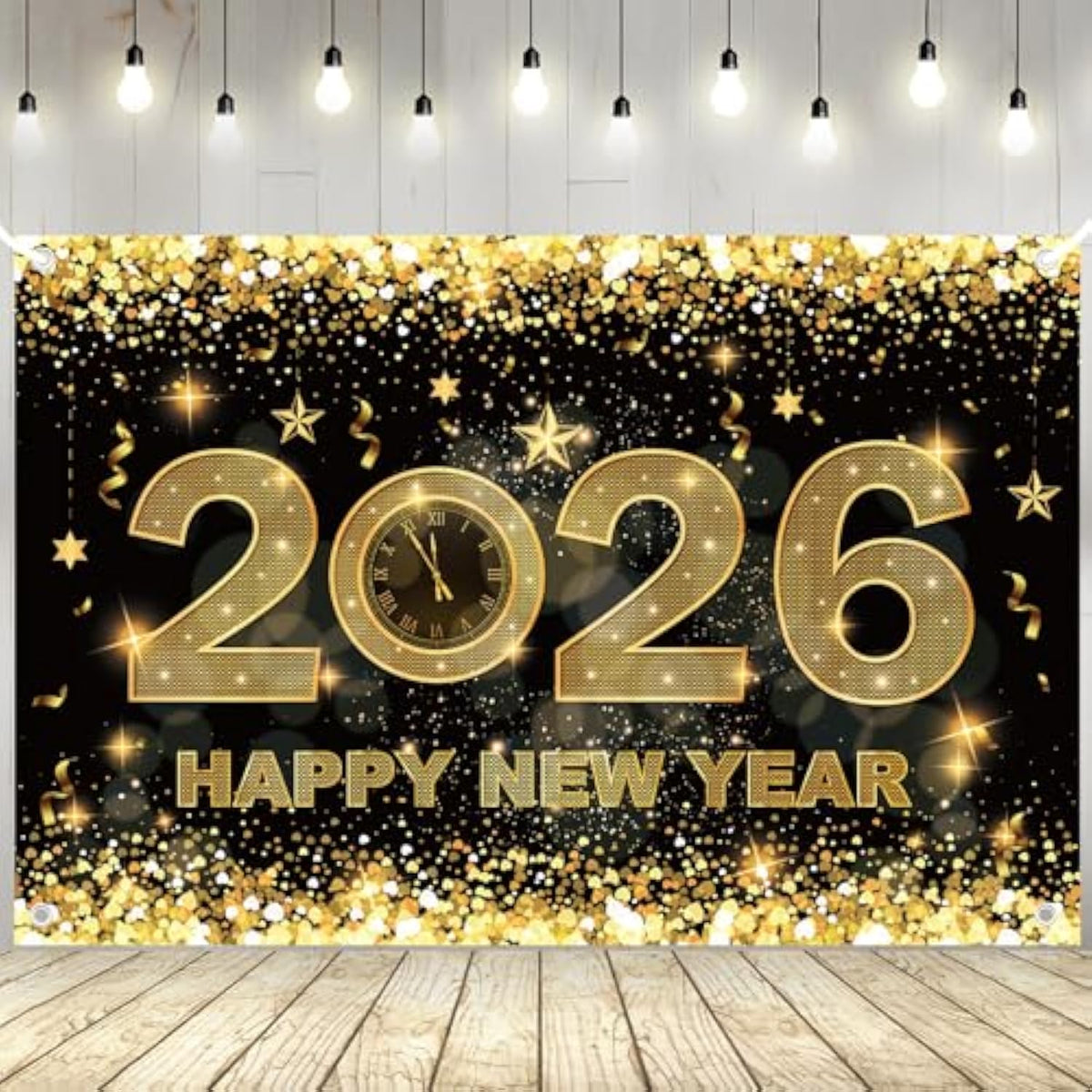 2026 Happy New Year Banner 5×3 Ft Black Gold Backdrop for Party and Photos