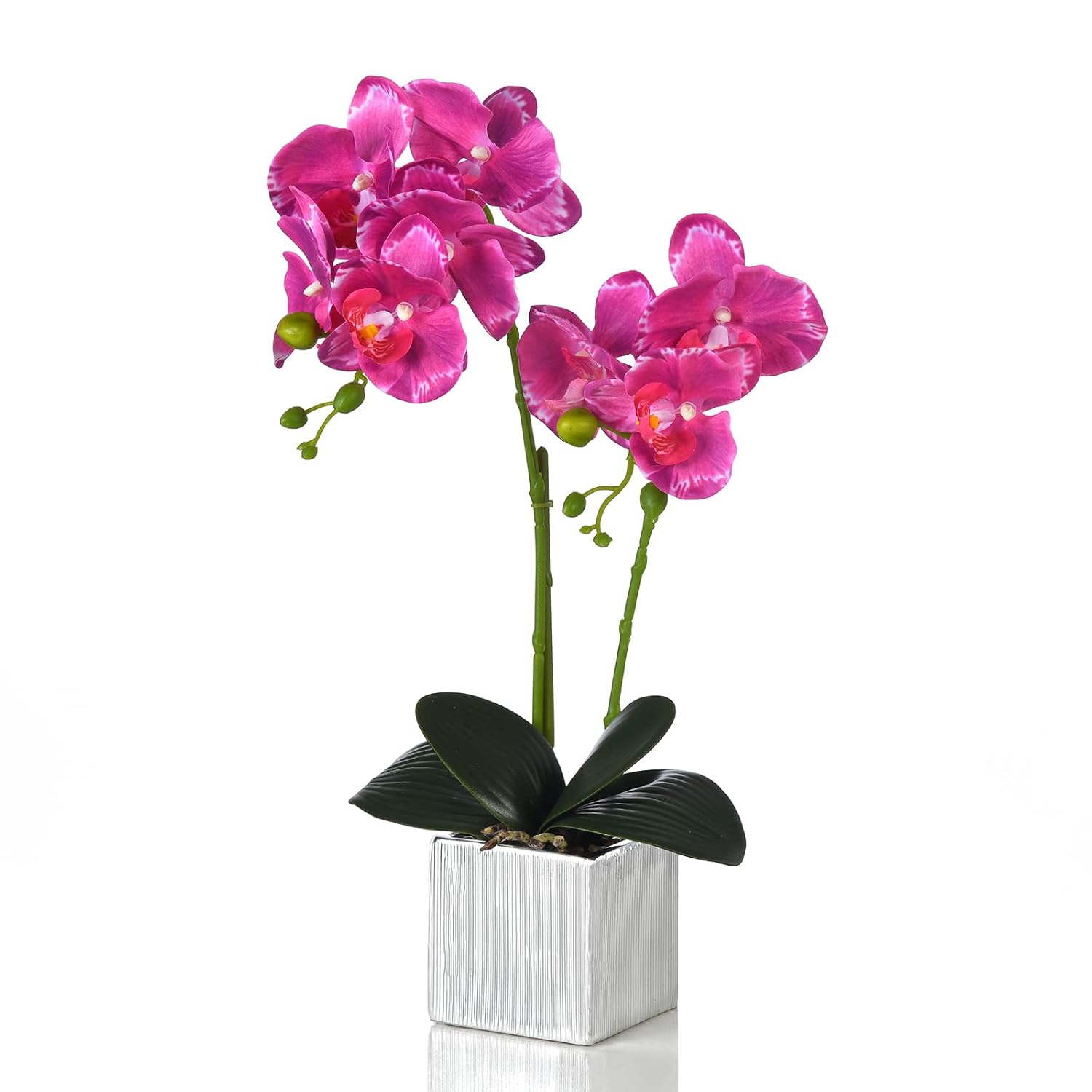 Artificial Potted Orchid Faux Phalaenopsis Silk Flowers Bonsai Realistic Arrangement In Silver Vase For Home Decoration Table Centerpiece, Purple