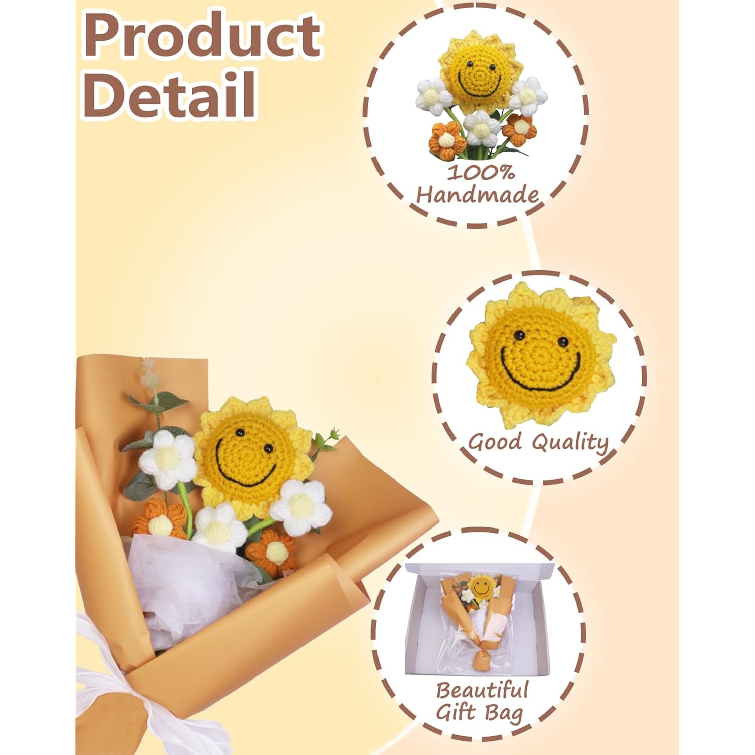 Handmade Crochet Flower Bouquet, Preserved Flowers Gift For Women With Sunflower & 5 Pcs Puff, Comes With Sophisticated Gifts Box & Bag, Perfect For Anniversary Orange