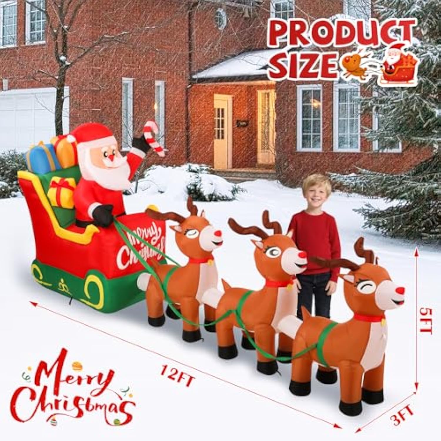 Christmas Inflatables, 12 Ft Santa Claus On Sleigh With Three Reindeer, Blow Up Inflatables With Built-In Leds, Candy Ca