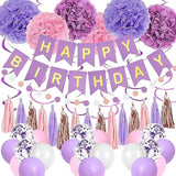 Purple Pink Party Decorations For Women Girls With Happy Birthday Banner, Hanging Swirls, Tissue Paper Pompoms, Circle Dots Garland, Tassel Garland, Purple Balloons