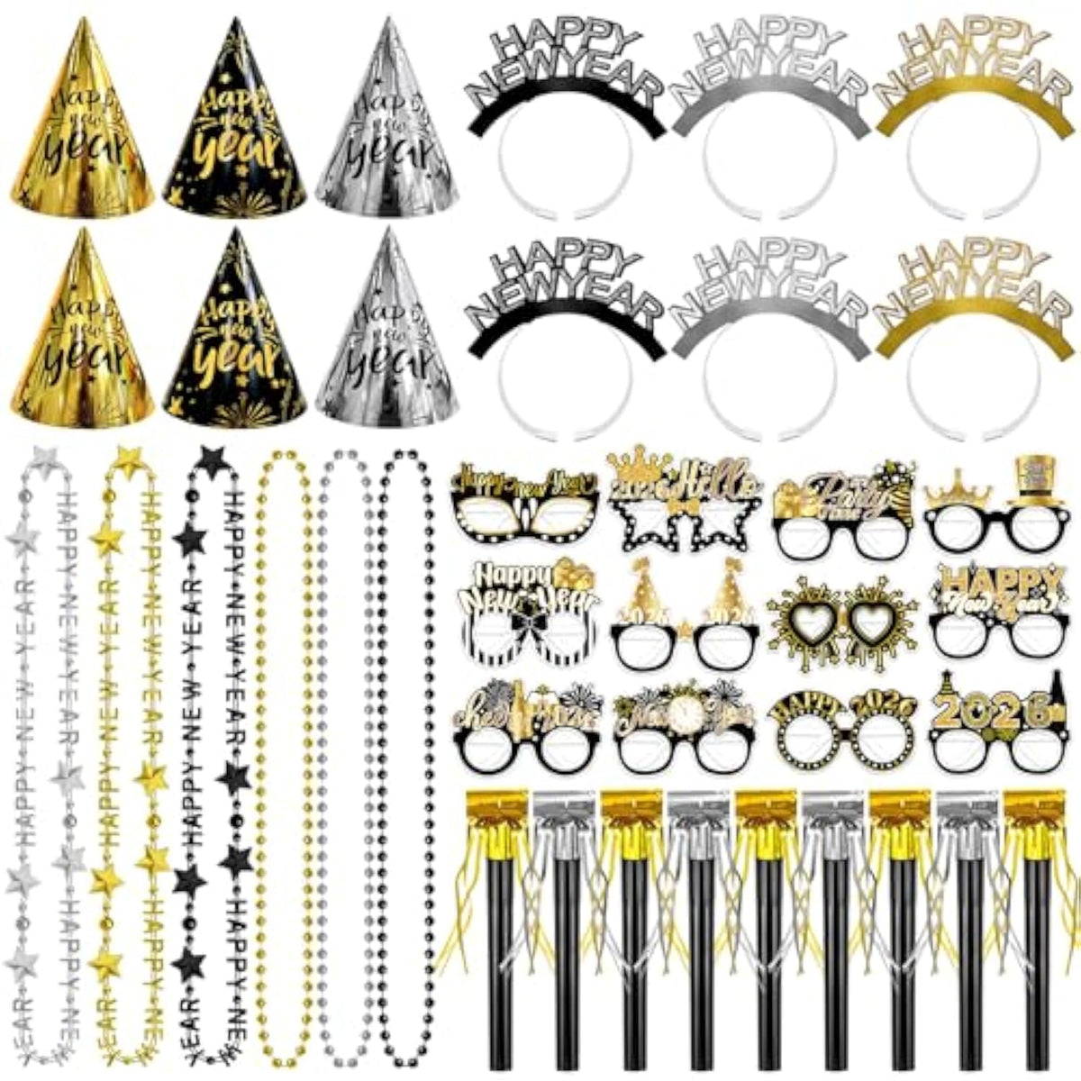 48-Piece New Year 2026 Party Favors Set with Hats, Glasses, and Noisemakers