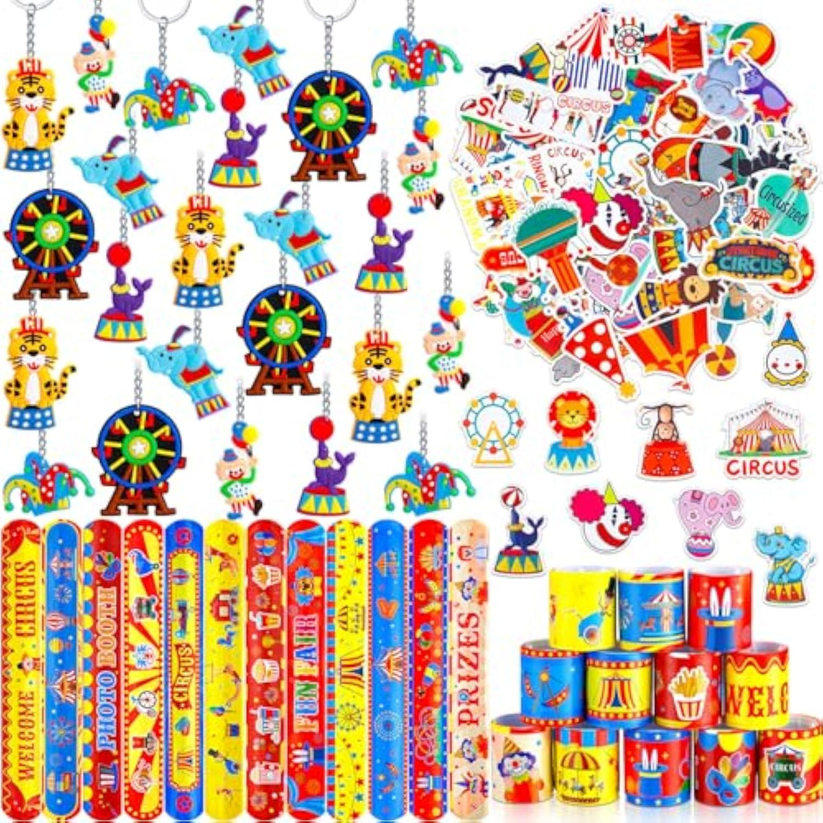 98 Pcs Circus Party Favors Include Circus Slap Bracelets Cute Stickers Clown Animal Keychains Carnival Party Favors For Carnival Birthday Supplies Classroom Rewards