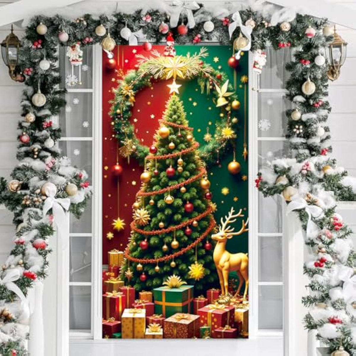 Red Green Christmas Door Cover Tree Elk Banner 3x6 Ft Party Decoration