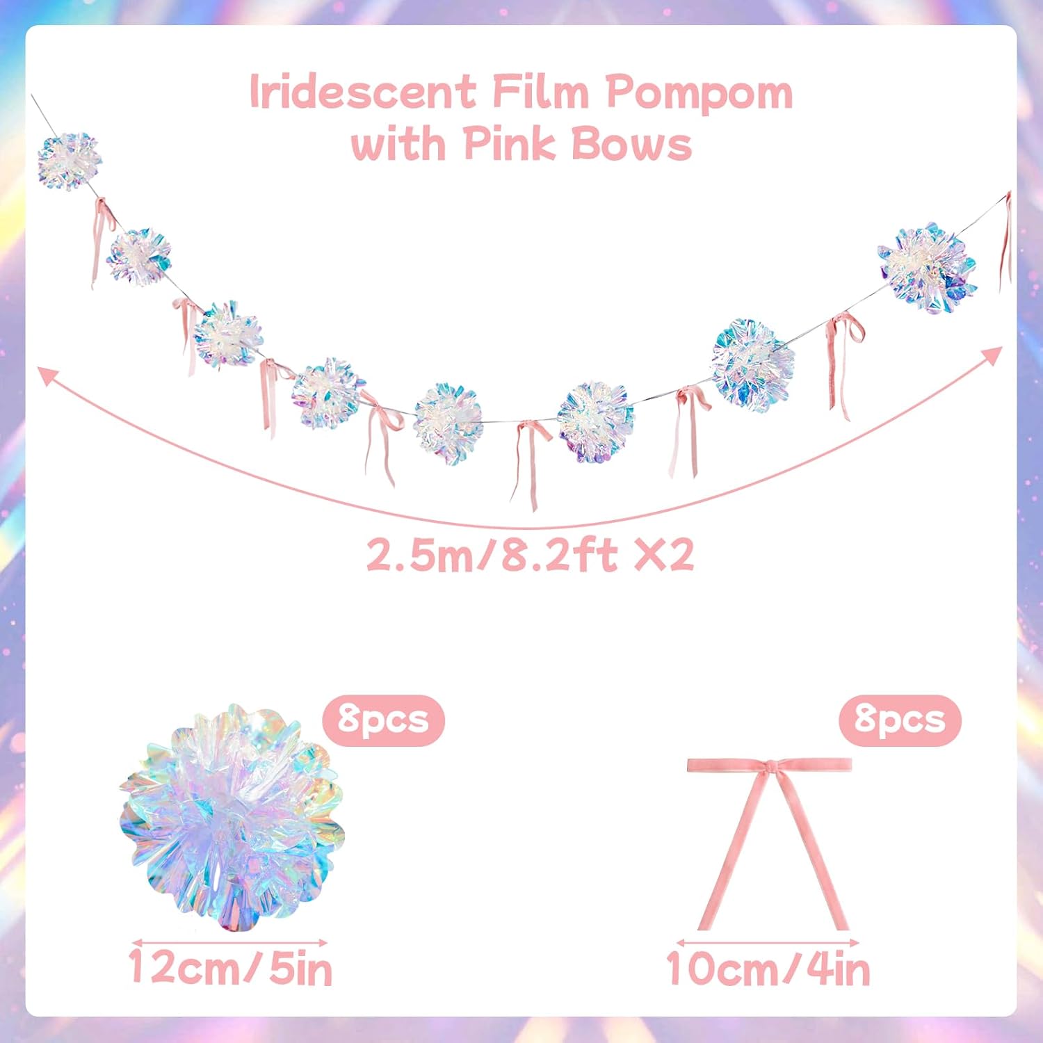 Iridescent Christmas Decorations, Xmas Banner 1 Piece, Iridescent Pompom Garland With Pink Bows, Shimmering Mantel Garland For Christmas Tree, Fireplace, Holiday Party Decorations
