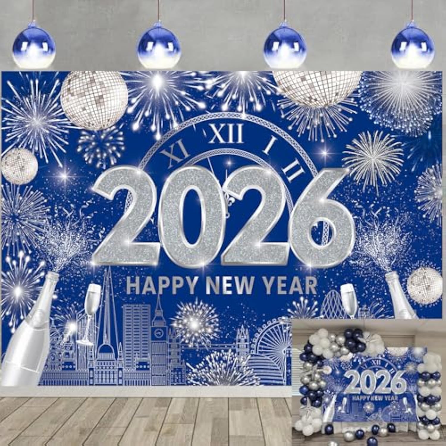 Blue Happy New Year 2026 Backdrop 7x5ft Silver Glitter Fireworks Banner