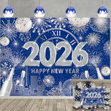 Blue Happy New Year 2026 Backdrop 7x5ft Silver Glitter Fireworks Banner