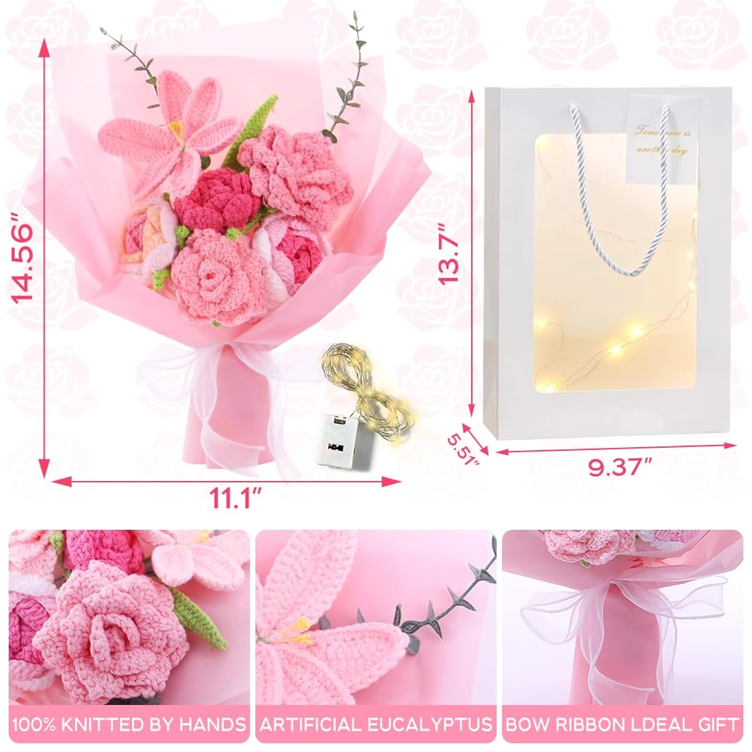 Crochet Flower Bouquet: Artificial Knitted Roses Tulips For Love Mother'S Day Wedding Anniversary Teachers' Day Decoration Including Lighting Fixtures Gift Bags?Pink?