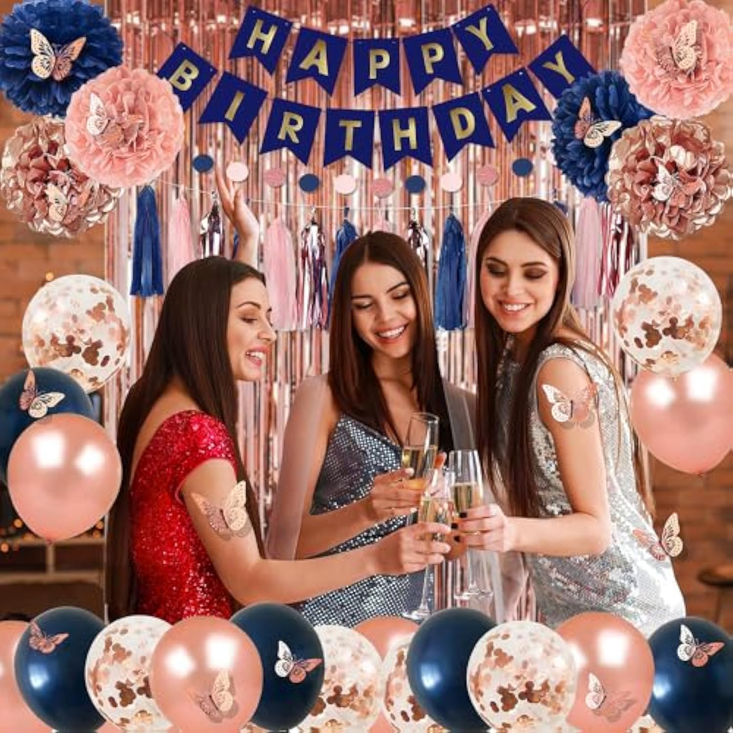 Rose Gold And Navy Blue Birthday Party Decorations With Happy Birthday Banner, Curtains, Butterfly Wall, Circle Dots Garland, Tissue Pompoms, Paper Tassels For Her