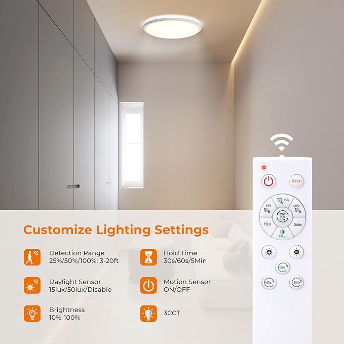12 Inch Motion Sensor LED Ceiling Light with Remote 2400LM Dimmable Flush Mount
