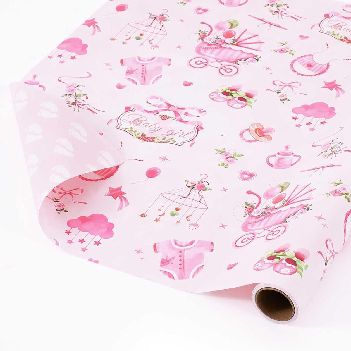 Baby Girl Wrapping Paper Roll - 1 Roll 17” X 9.8 Ft Baby Shower Wrapping Paper For Birthday Party Pink Girl Gift Packing Supply Baby Shower Design Reversible Footprint Print