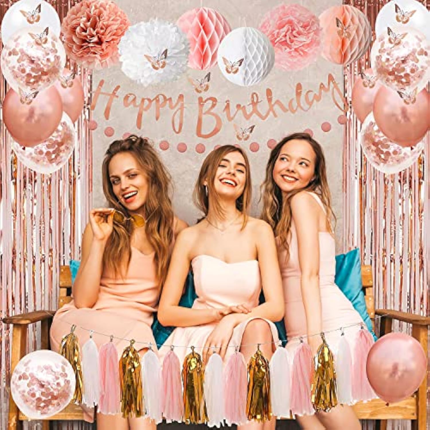 Upgraded Rose Gold Pink Party Decorations With Happy Birthday Banner, Curtains, Butterfly Wall, Circle Dots Garland, Tissue Pompoms, Paper Tassels Garland For Women'S Party Decorations