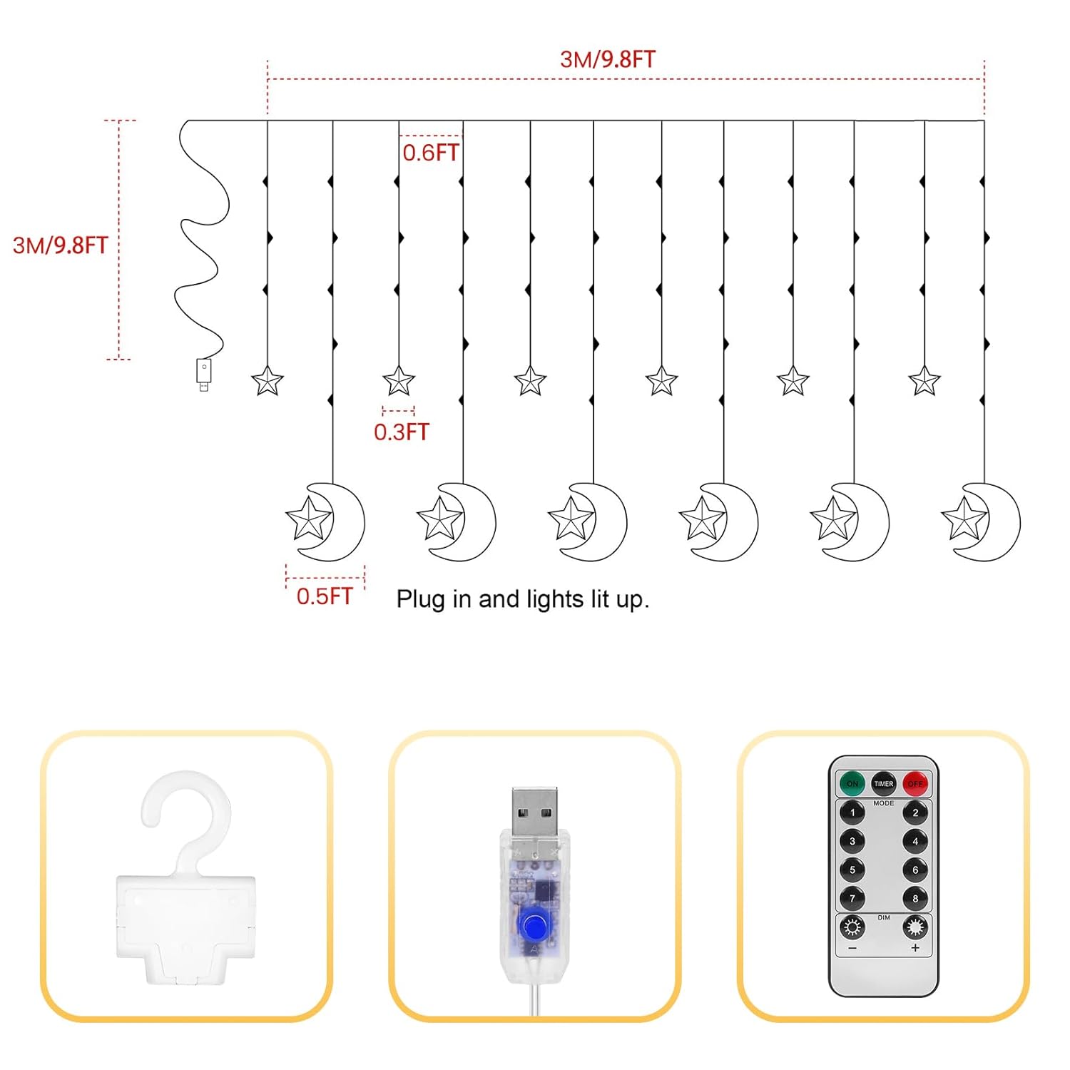 130 Led Star Moon Curtain String Lights,8 Modes Christmas Lights Decorations For Home,Hanging Moon Star Fairy String Lig