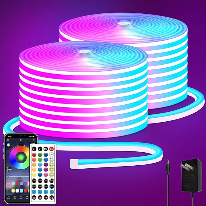 100FT RGB LED Neon Rope Lights App & Remote Control 24V IP65 Waterproof Flexible Strip Lights