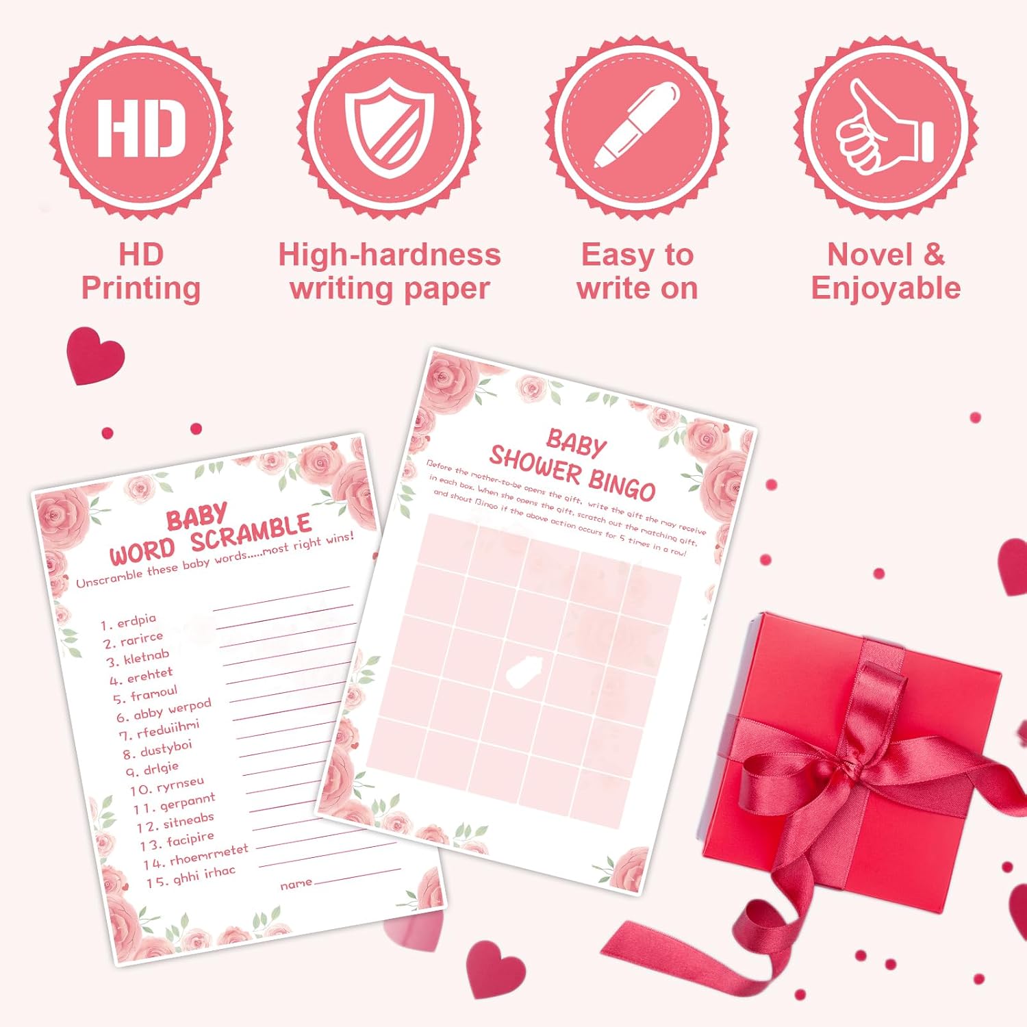 Baby Shower Games For Girl-8 Games,Fun And Easy To Play,Includes Baby Shower Bingo,Price Is Right,Guess Who Mommy Or Daddy,Word Scramble,Prediction And Advice,How Big Is Mommys Belly,Pacifier Hunt