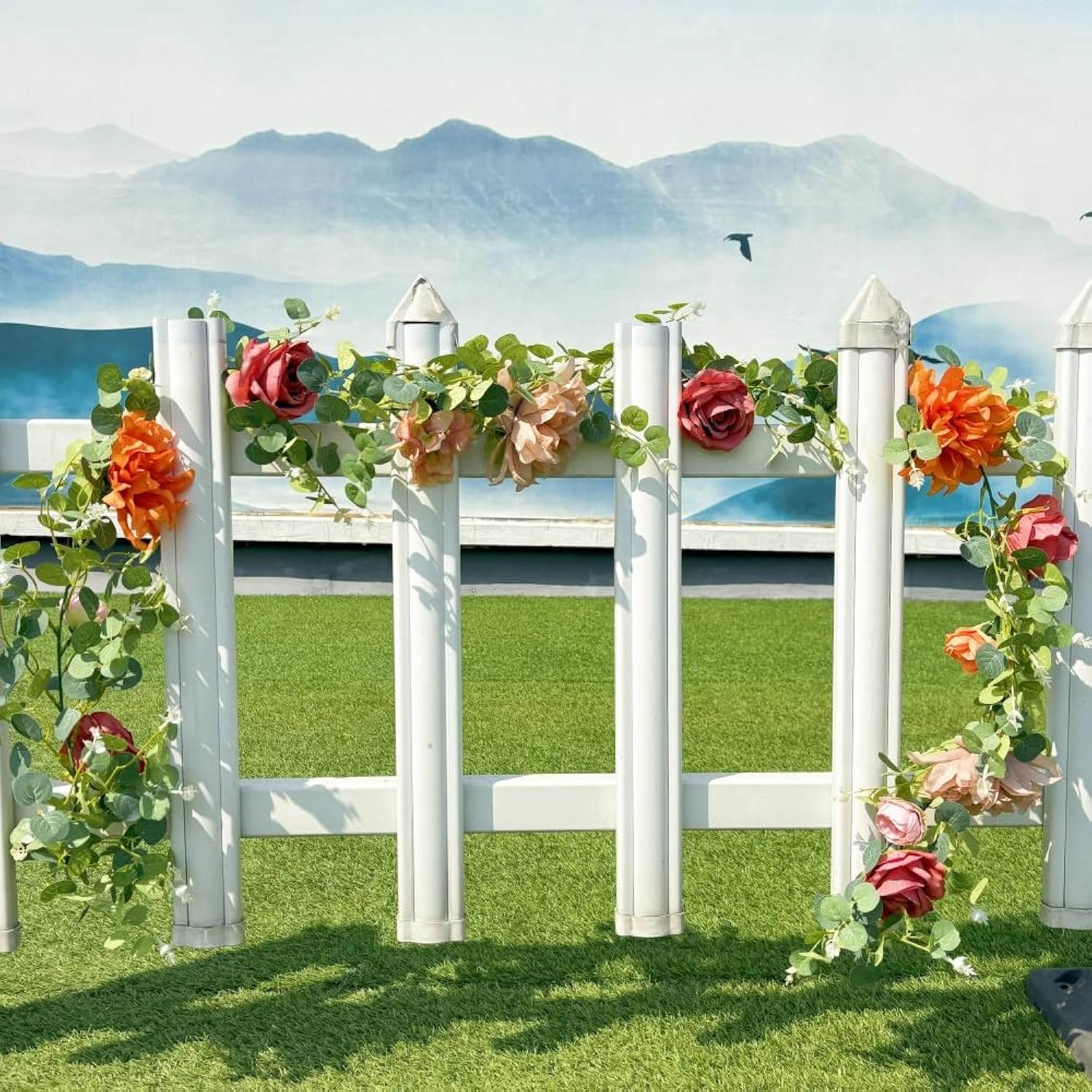 Artificial Flower Garland?6.5Ft Fake Dahlia Rose Floral Eucalyptus Greenery Garland Vine For Wedding Arch?Table Runner Centerpieces Backdrop Room Wall Hanging Plant Decor?Orange?