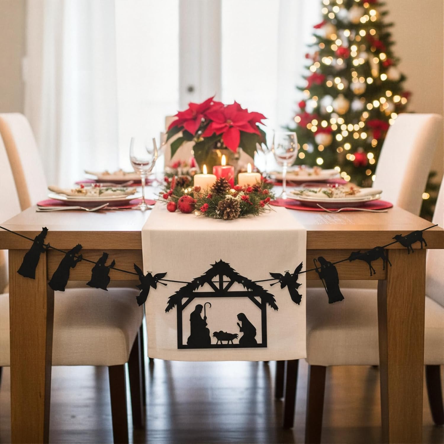 The 9 Pcs Christmas Nativity Banner Nativity Scene Garland Hanging Jesus Manger Scene For Door Wall Home Window Holy Hanging Decoration Christmas Jesus Birthday Party Favor Supplies