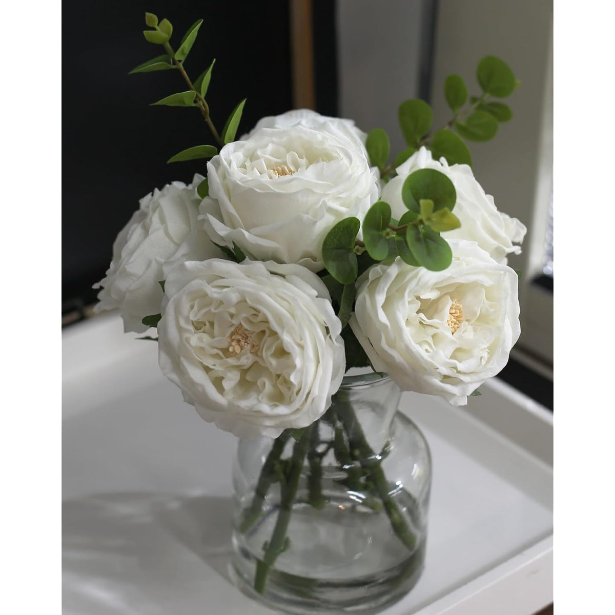 Artificial Flowers With White Roses In Vase, Fix Lifelike Fake Flowers In Vase With Artificial Water, Faux Flower Arrangements For Dining Table Centerpiece Decor