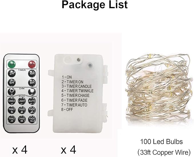 4 Pack 33FT 100 LED Cool White Fairy String Lights Battery Operated with Remote Control Timer Waterproof Silver Copper Wire Twinkle Lights for Christmas Party Wedding Home Decor
