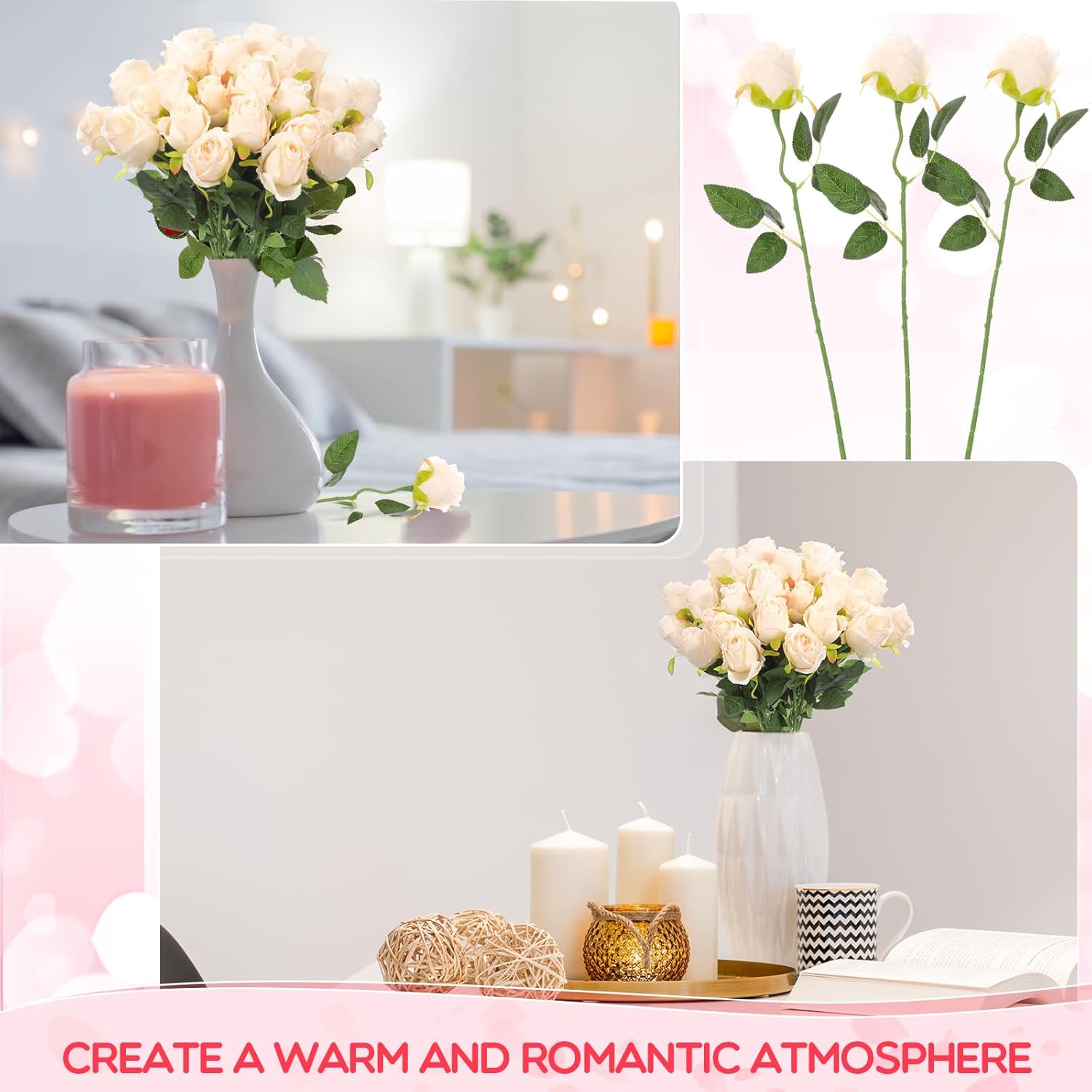 50 Pcs Artificial Rose Flower Bulk Realistic Silk Fake Roses With Long Stem Plastic Artificial Flower Bouquet Real Looking For Home Wedding Centerpieces Party Decoration(Beige Champagne)