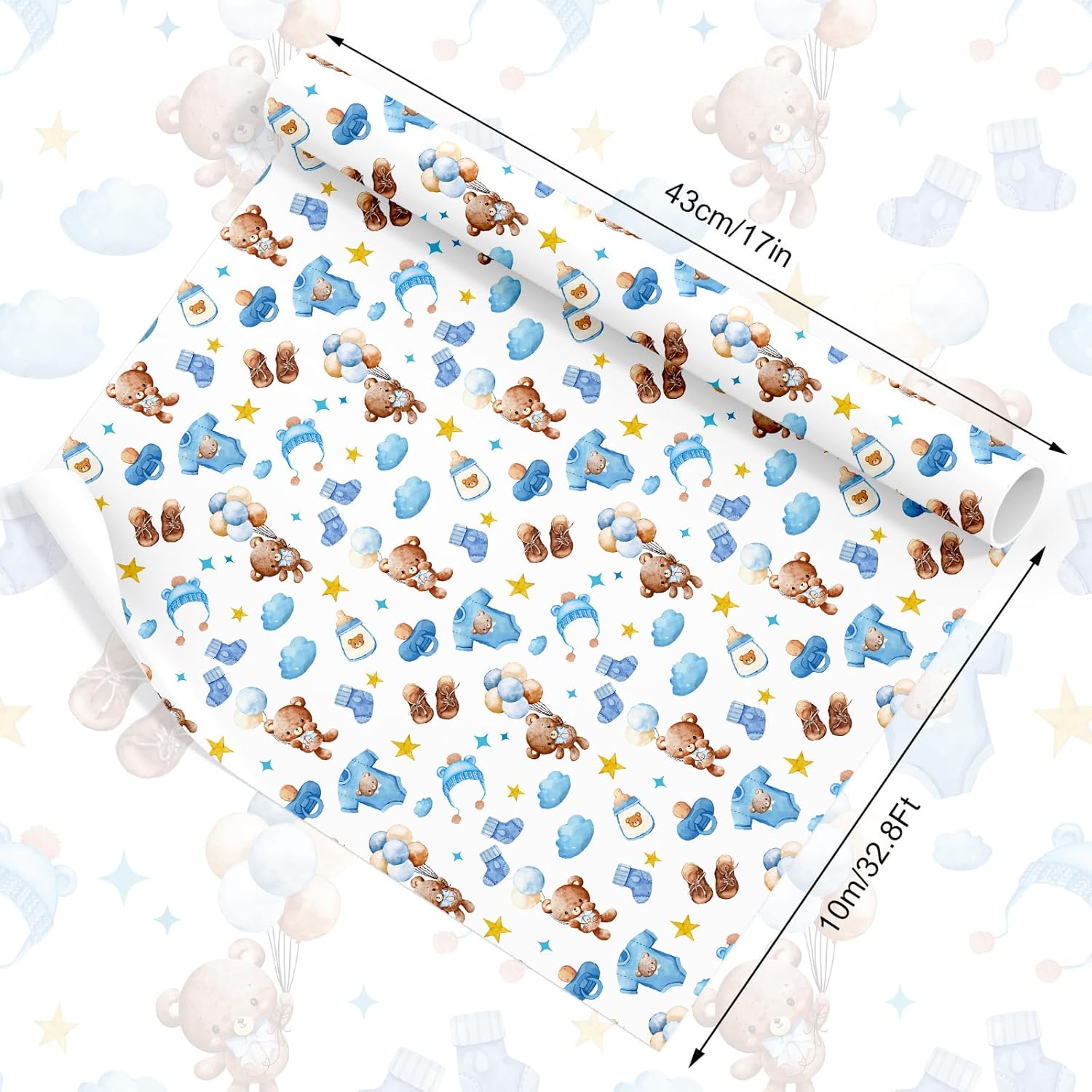 Baby Shower Wrapping Paper -Mini Roll- 17 Inch X 32.8Ft Watercolor Blue Brown Balloon Bear Clothesline Gift Wrap Paper For Baby Birthday Gender Reveal Diy Crafts