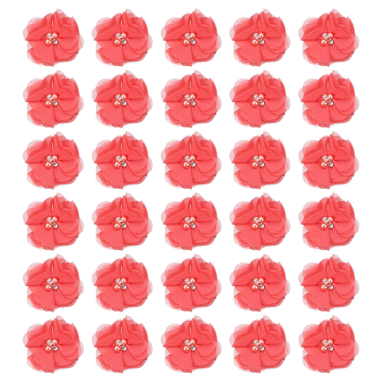 2 Inch Chiffon Flowers, 30 Pcs Rhinestone Pearl Sewing Fabric Flowers Artificial Appliques Embellishments For Clothing Wedding Diy Craft Headbands Decor, Watermelon Red