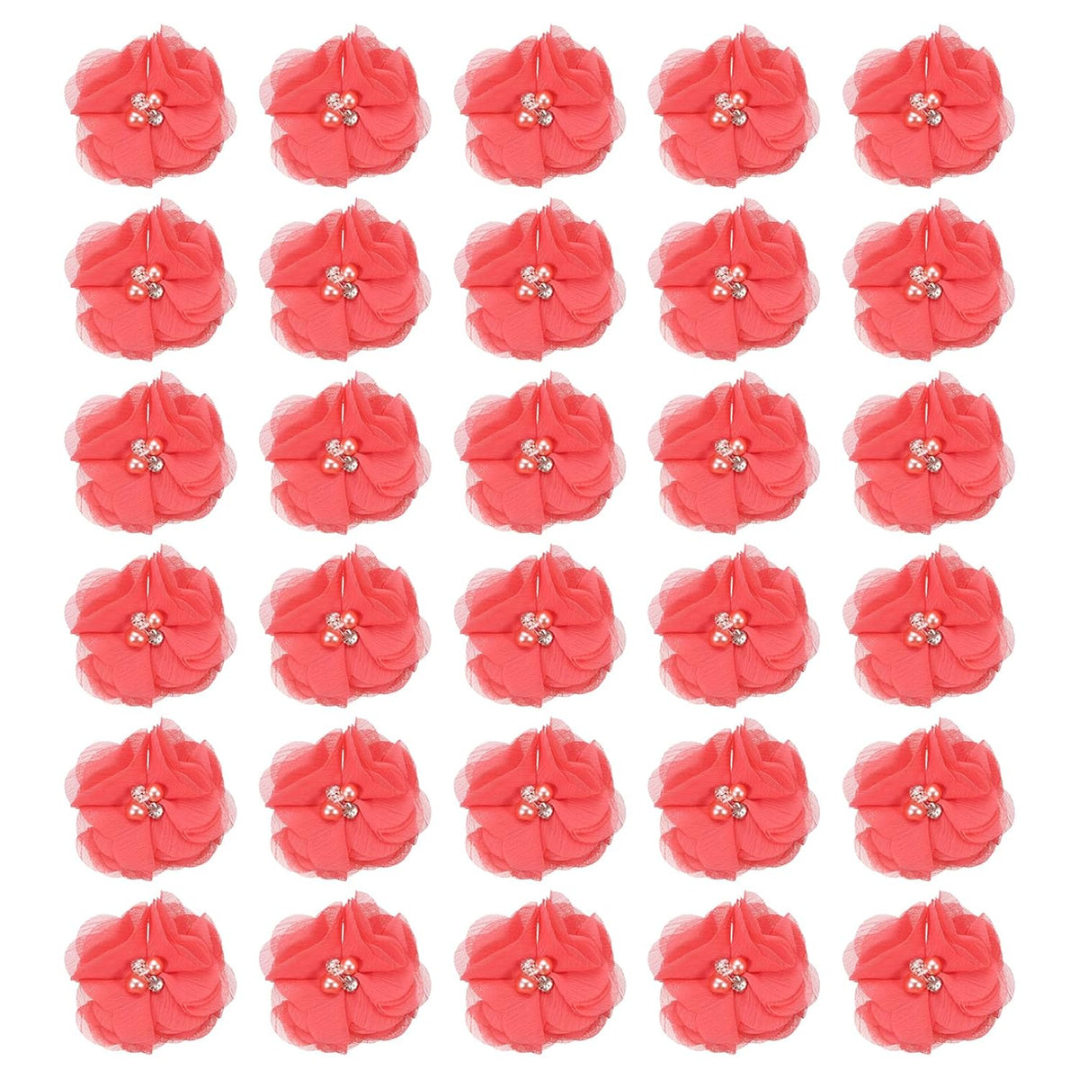 2 Inch Chiffon Flowers, 30 Pcs Rhinestone Pearl Sewing Fabric Flowers Artificial Appliques Embellishments For Clothing Wedding Diy Craft Headbands Decor, Watermelon Red