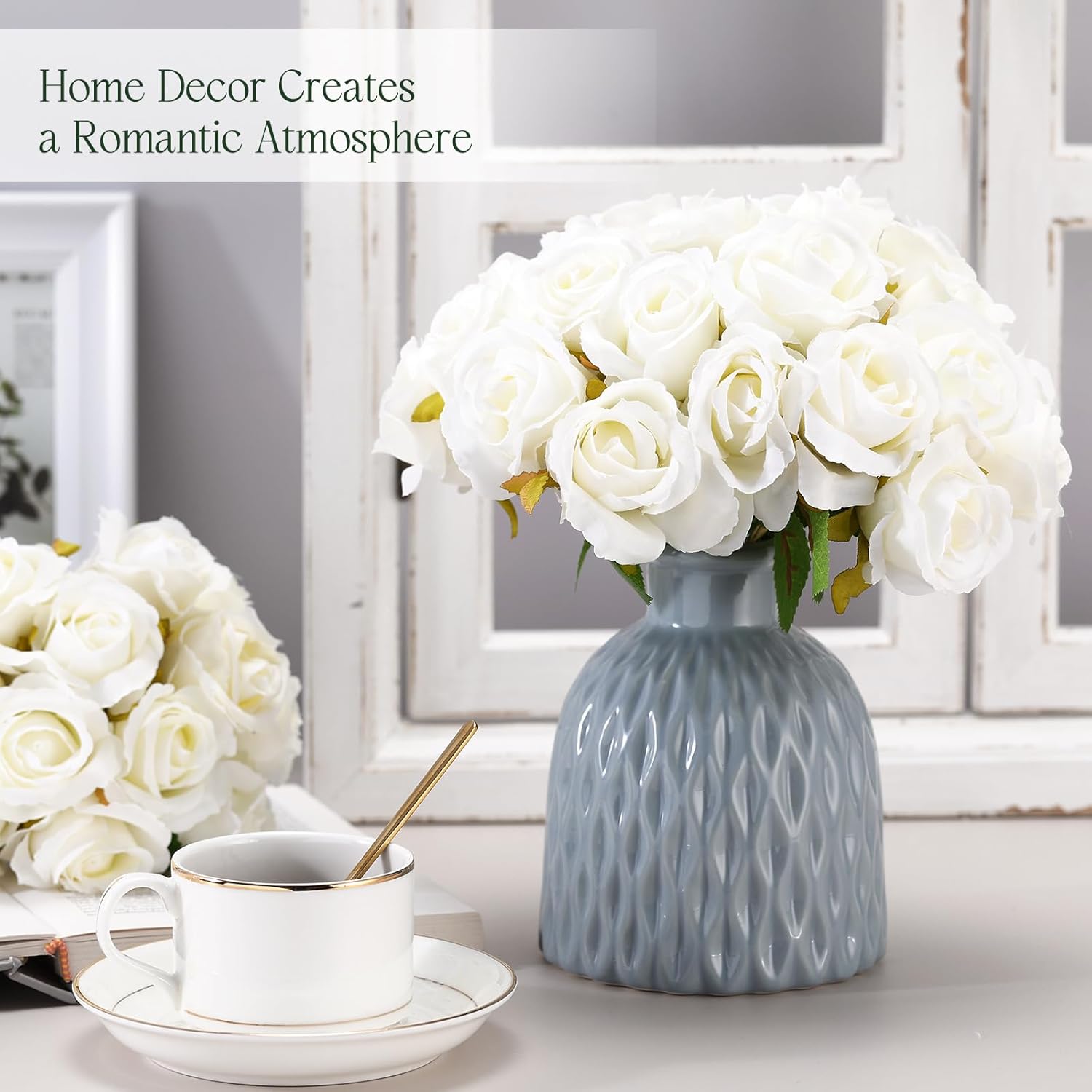360 Pcs 30 Bouquets Artificial Roses Flowers Bulk Fake Roses Flower Bouquets Realistic Silk Faux Rose With Stems For Wedding Home Table Party Decorations(White)