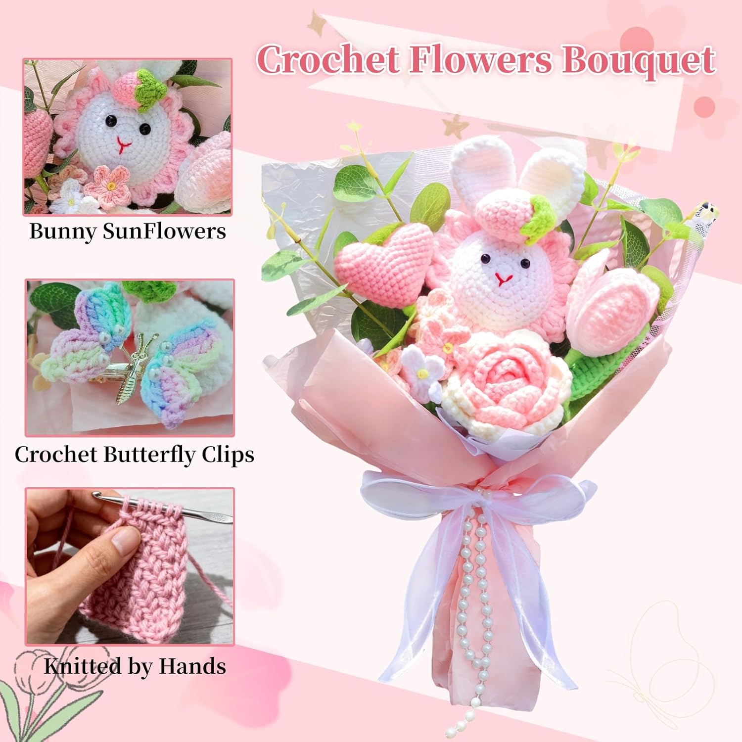 Crochet Flowers Bouquet,Knitted Bunny Sunflower Rose Bouquet Pink,Cute Handmade Flowers Gift For Lover Anniversary Birthday Party Mother'S Day Graduation