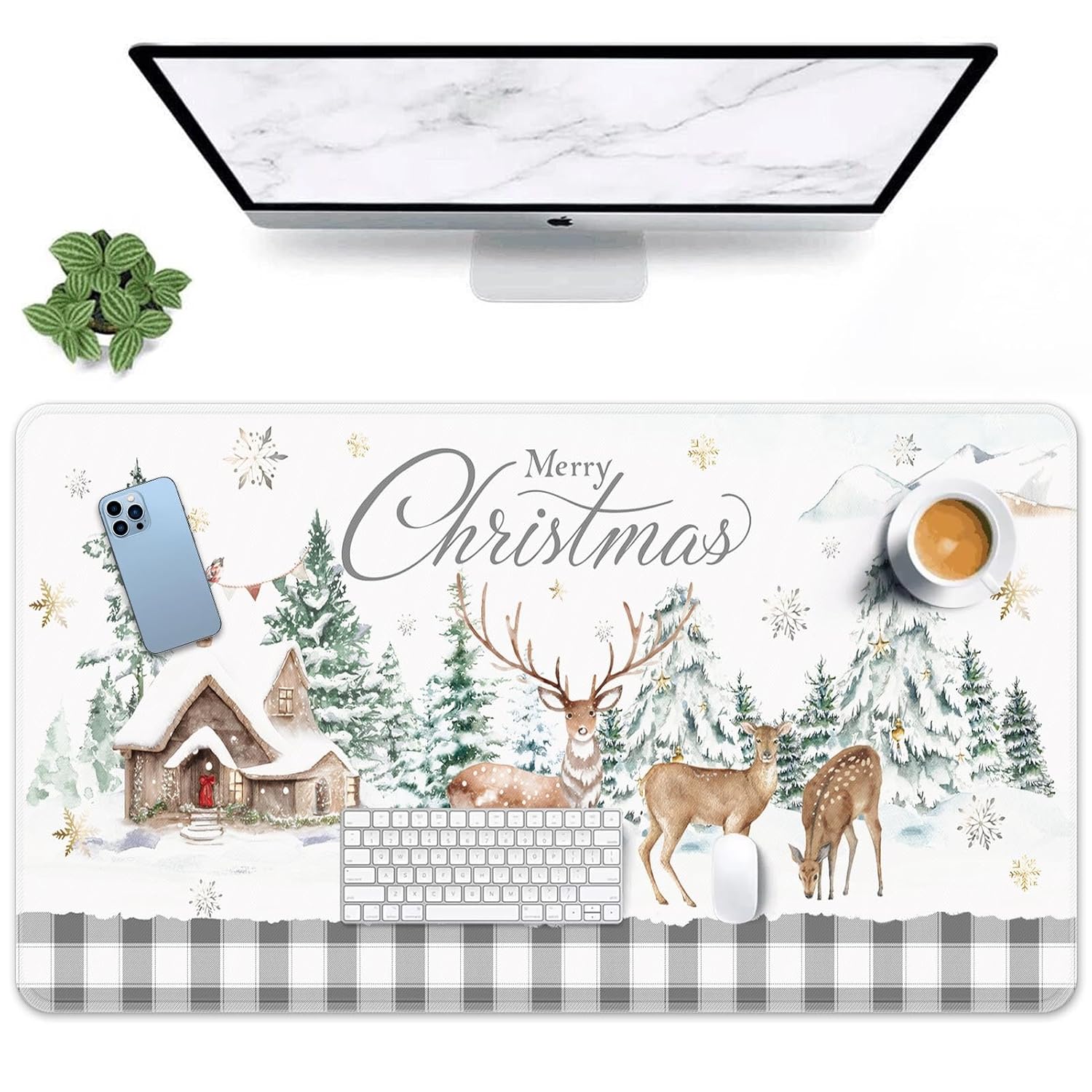 Merry Christmas Deer Golden Snowflakes Large Gaming Mouse Pad Pine Tree House Non-Slip Keyboard Desk Pad Keyboard Mouse Mat For Gamer,Office & Home,31.5 X 15.7 In