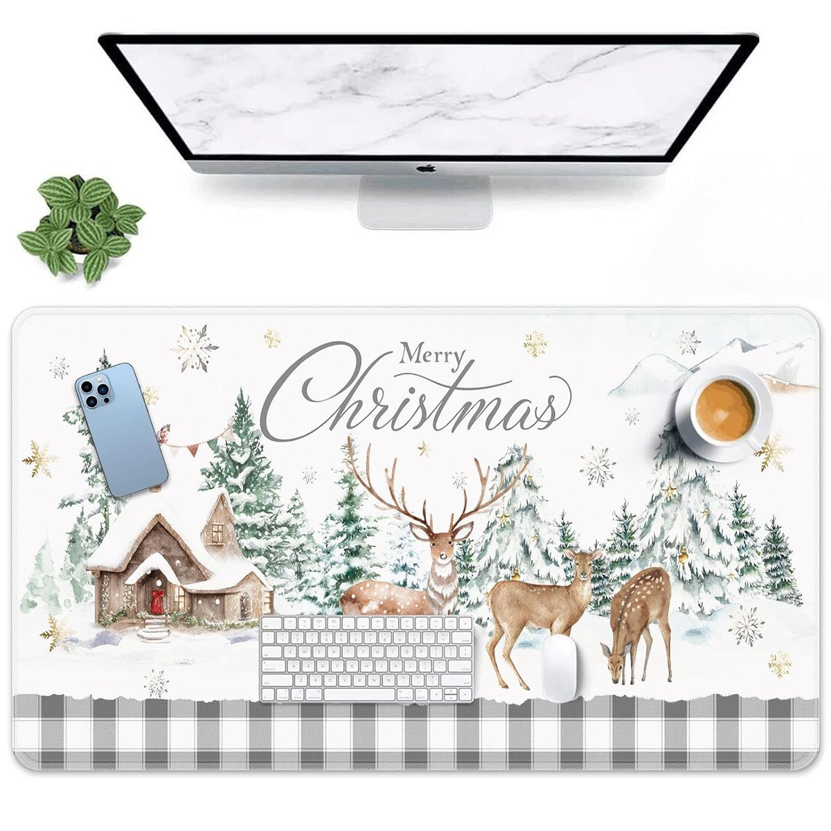 Merry Christmas Deer Golden Snowflakes Large Gaming Mouse Pad Pine Tree House Non-Slip Keyboard Desk Pad Keyboard Mouse Mat For Gamer,Office & Home,31.5 X 15.7 In
