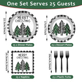 100Pcs Christmas Paper Plates And Napkins Buffalo Plaid Xmas Party Decoration Disposable Merry Christmas Tree Themed Tableware Dinnerware Set For Holiday Xmas Winter Party Supplies Serve 25