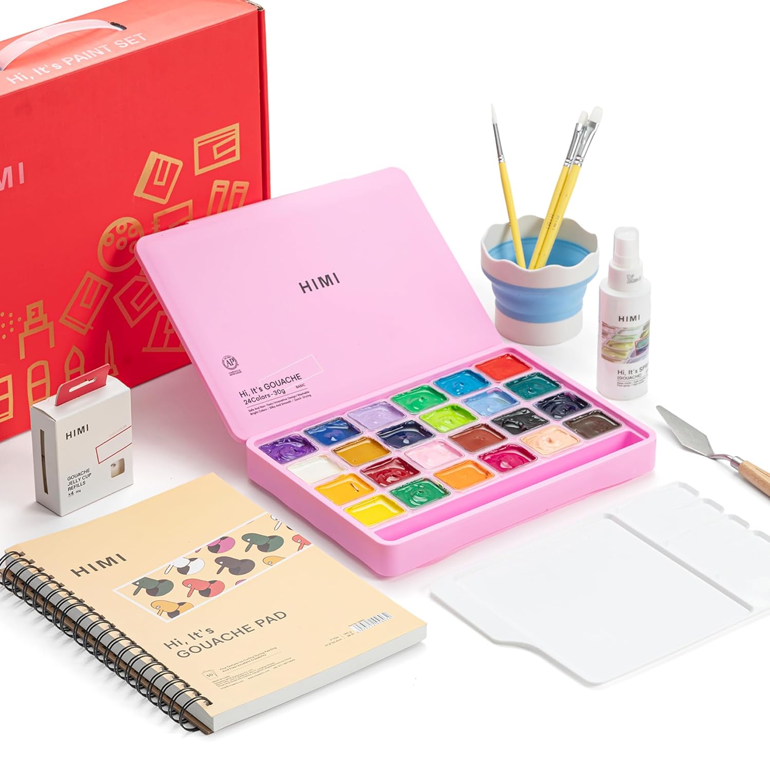 Deluxe 24 Colors Jelly Gouache Paint Gift Set – Complete Art Kit With Pad, Spray, Palette, Brushes, Painting Knife, Foldable Bucket & Refills For Beginners, Students & Artists
