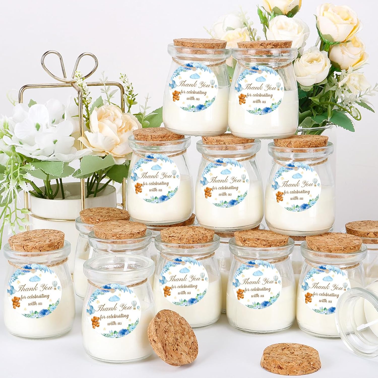 24Pcs Baby Shower Candle Party Favors Lavender Scented Glass Jars Wax Candle Bulk With Thank You Cards Organza Bags For Guests Boy Girl Birthday Gender Reveal Gift Souvenirs (Blue Bear, 24)