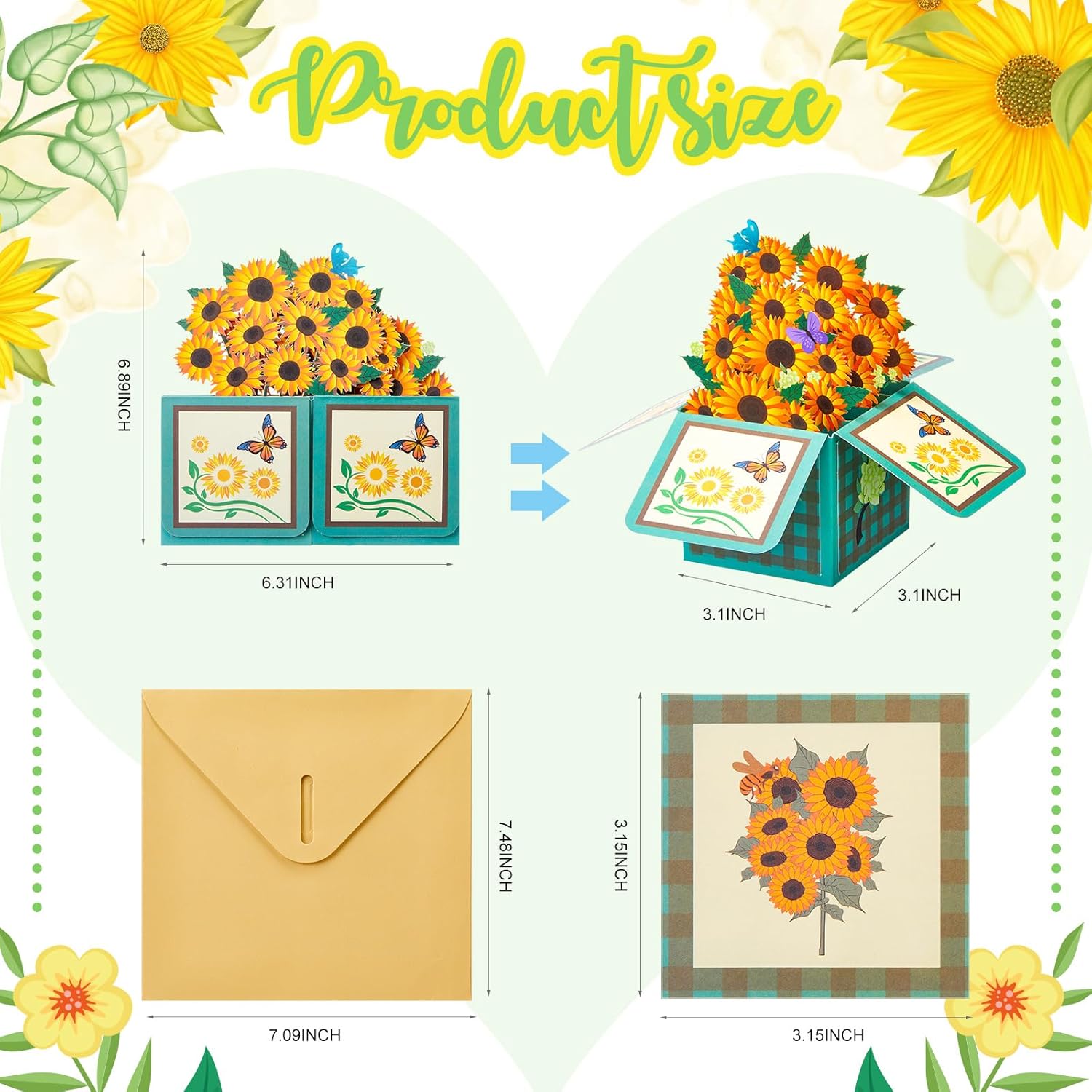 6 Pack Spring Thank You Card Sunflower Pop Up Card Mom Floral Greeting Cards 3D Paper Flowers Bouquet For Mother'S Day Home Women Parents Birthday Wedding Gifts(Sunflower)