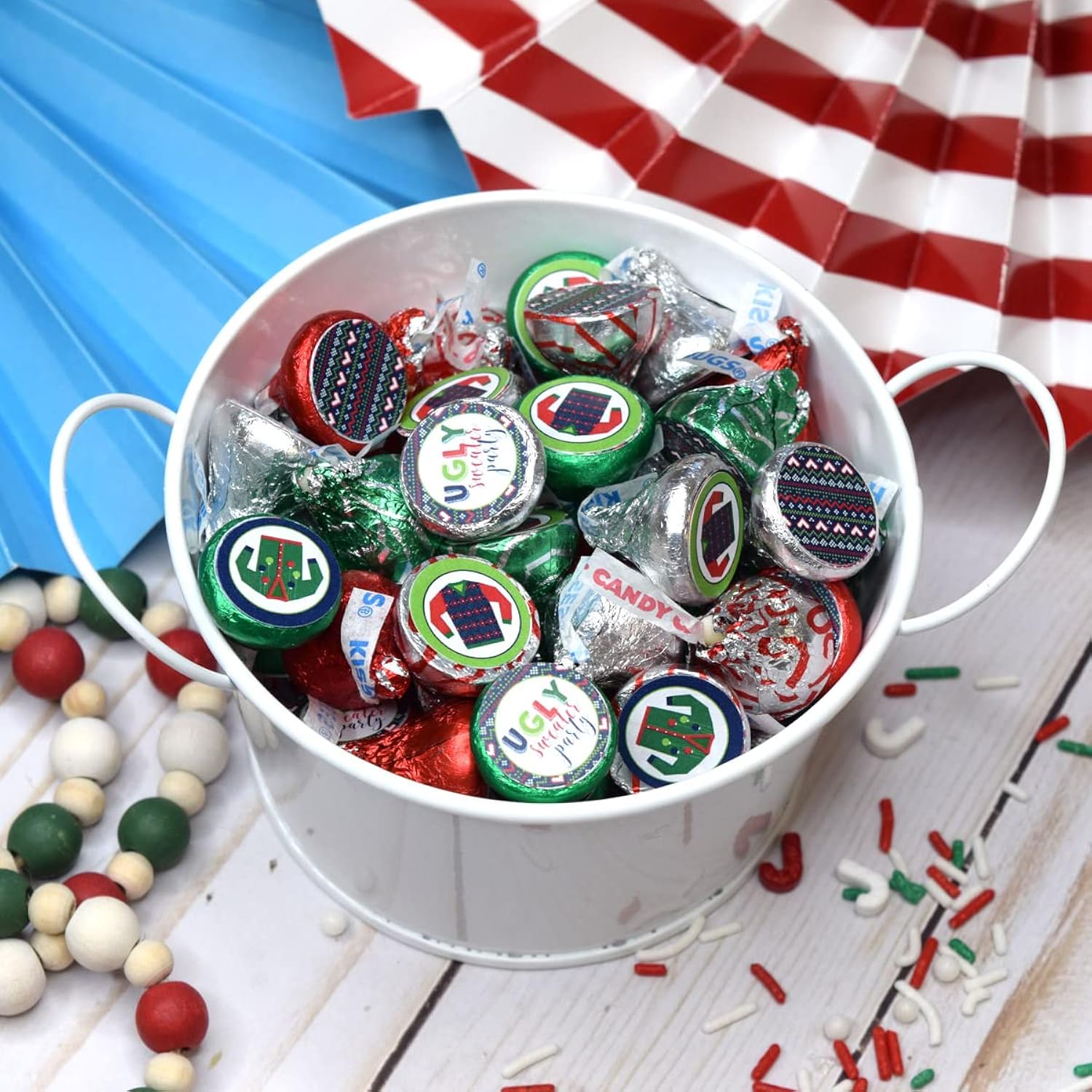 Ugly Sweater Christmas Holiday Party Kiss Sticker Labels, 300 Party Circle Sticker Sized 0.75” For Chocolate Drop Kisses By Amandacreation, Great For Party Favors, Envelope Seals & Goodie Bags