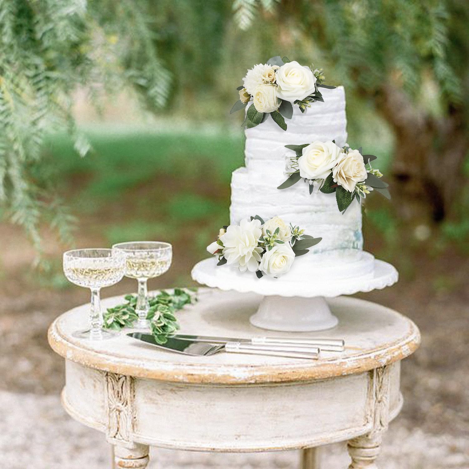 3Pcs Pre-Made Cake Flowers Toppers White Green Cake Decorations Wedding Cake Decorating Flowers Decor Birthday Baptism Party Cake Topper