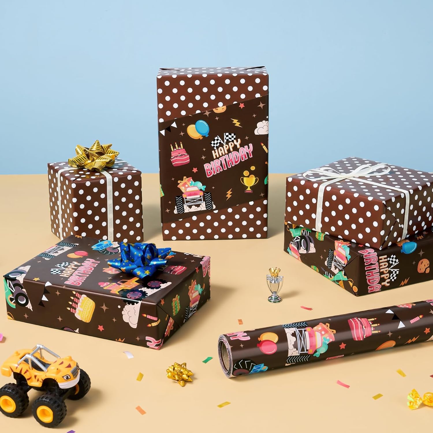 Monster Truck Wrapping Paper Roll - 1 Roll 17” X 33 Ft Brown Happy Birthday Wrapping Paper For Boys Kids Reversible Monster Trucks Gift Wrap For Racing Car Party Decorations Supplies