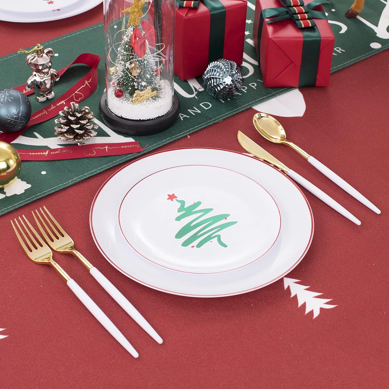 Liyh 150 Pcs Plastic Christmas Disposable Dinnerware Set, Disposable Christmas Plastic Plates With Red Rim, Gold Cutlery With White Handle, Tableware Dishes For Xmas Day 30 Guests