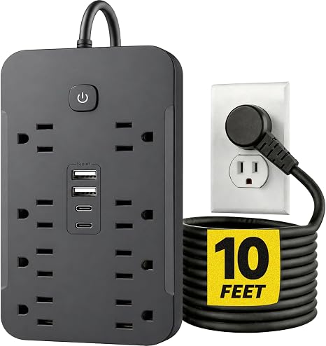 10FT Surge Protector Power Strip 8 Outlets 4 USB Ports 2 USB C Flat Plug Black
