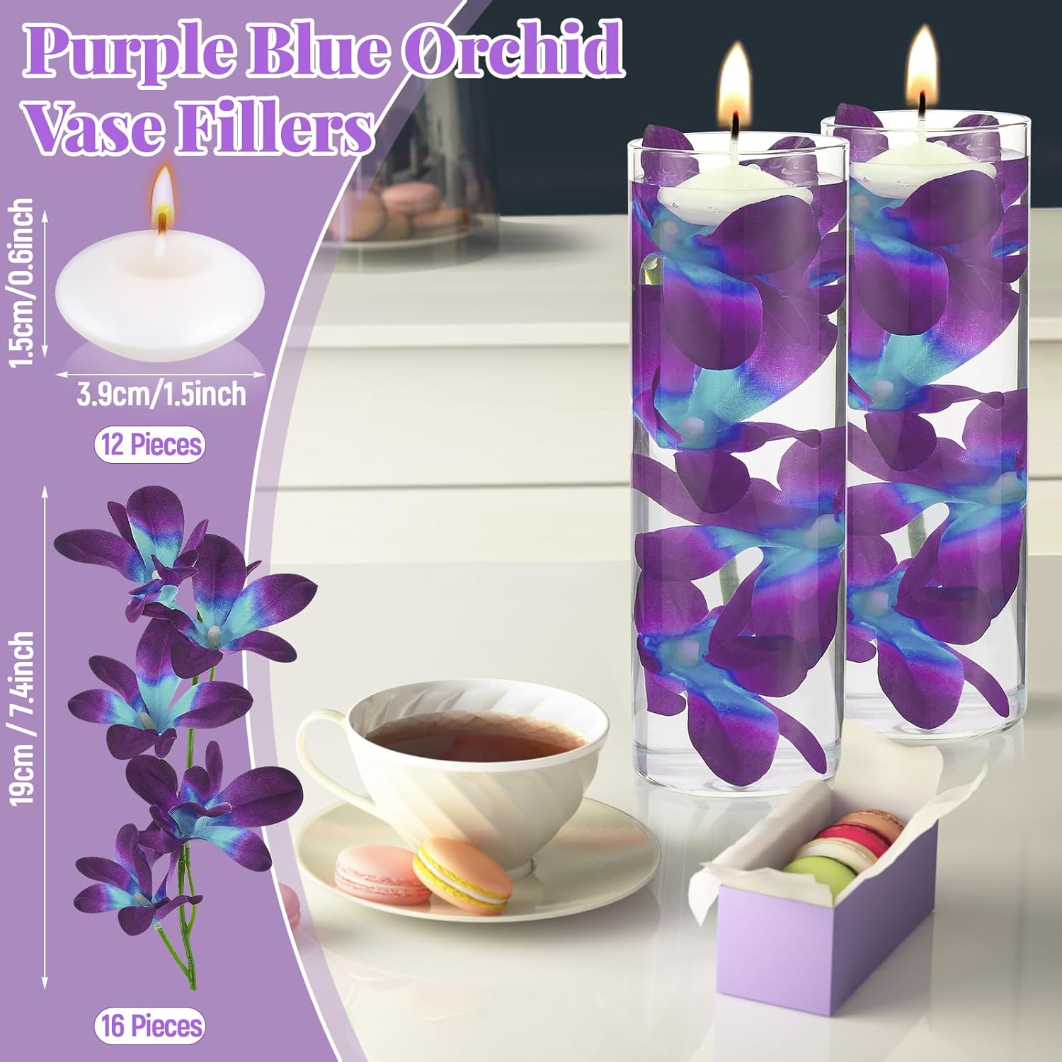 Floating Flowers For Centerpieces Blue Faux Orchid Flowers Vase Fillers Floating Candles Purple Orchid Wedding Table Decor Filling Unscented Floating Candles For Birthday Wedding Party (28 Pieces)