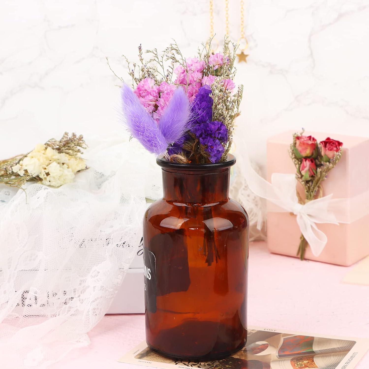 30 Pcs Mini Don'T Forget Me Flower Bouquets Purple Natural Dried Flowers Bouquet Dry Flower&Leaves Lavender Dried Embossing Flower Bundles Plant Stem Bunch For Diy Craft,Photo Props,Wedding Decoration