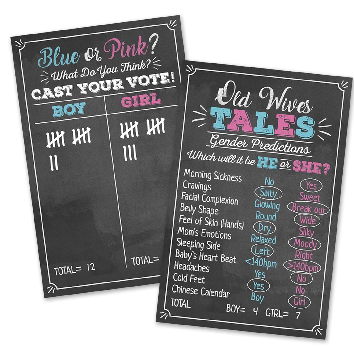 Old Wives Tales & Boy Or Girl Voting Game Gender Reveal Party Posters 11" X 17" Black, Pink & Blue- Party Supplies, Activity, Decorations (2 Posters)