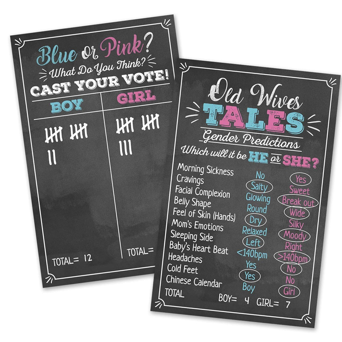 Old Wives Tales & Boy Or Girl Voting Game Gender Reveal Party Posters 11" X 17" Black, Pink & Blue- Party Supplies, Activity, Decorations (2 Posters)