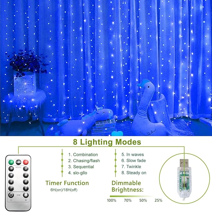300 LED Blue Curtain Fairy Lights 9.8FT x 9.8FT Twinkle String Lights with Remote Control 8 Lighting Modes for Bedroom Wedding Party Indoor Outdoor Decor