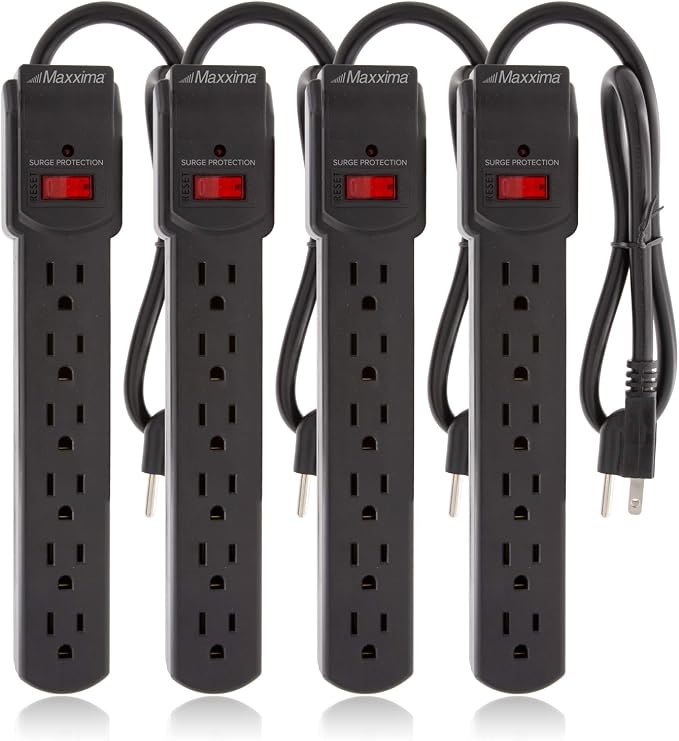 4 Pack 6 Outlet Surge Protector Power Strip 300 Joules with On Off Switch Black