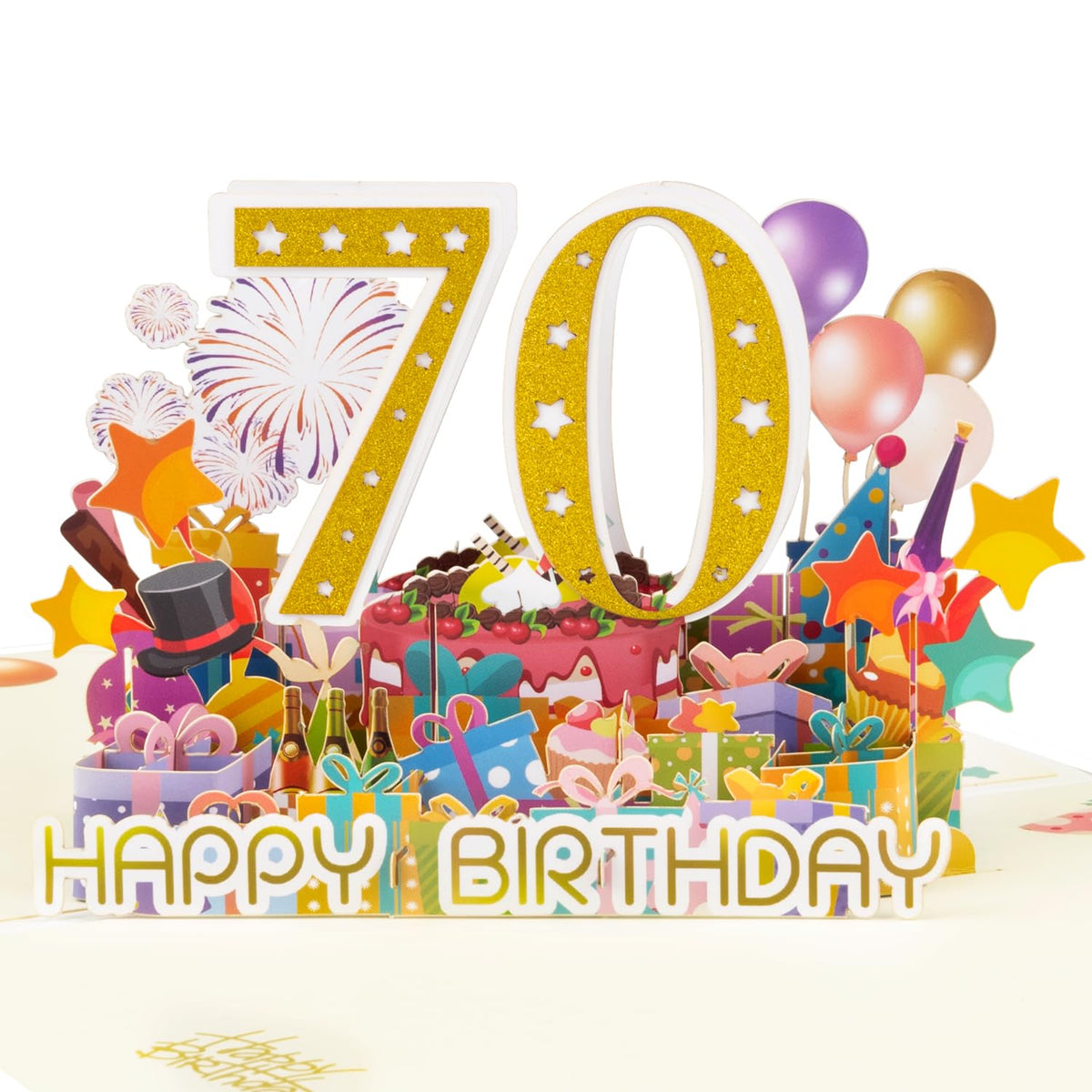 70Th Birthday Pop Up Card For Women And Men – 3D Sparkling Gold 70 With Balloons, Milestone Birthday Greeting Card With Envelope And Blank Note