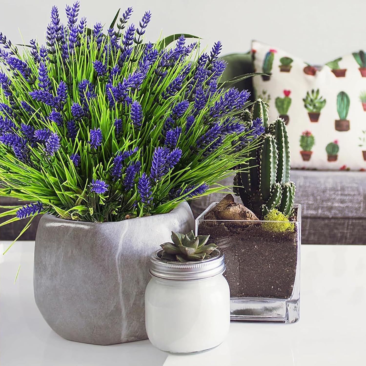 Artificial Plants Outdoor, 12 Pcs Fake Monkey Grass With Flowers For Pot, Uv Resistant Lavender Artificial Plastic Fake Faux Flowers Shrubs For Garden Porch Window Patio Hanging Planter Home Decor